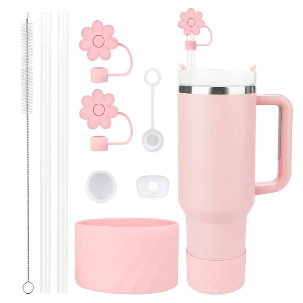NWT Whitr Flower 9 Piece Set with Straws, Boot, Brush, Straw Topper For Stanley
